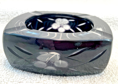 VTG Black Amethyst Cut To Clear Ashtray Floral Starburst Dish Shelf Decor 4''