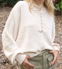 POL Pearl Buttons Sweater Top Mock Neck Knit Almond Cream Pullover Chunky L