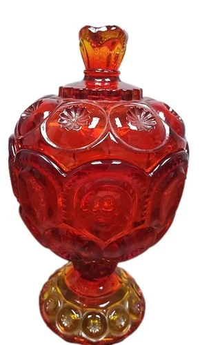 Vintage LE Smith Moon and Stars Amberina Pedestal Compote Candy Dish with Lid 7”