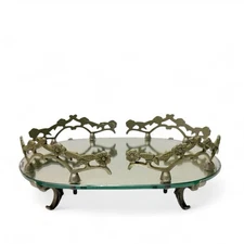 Vintage Metal Floral Bloom Vine Oval Mirror Vanity Tray