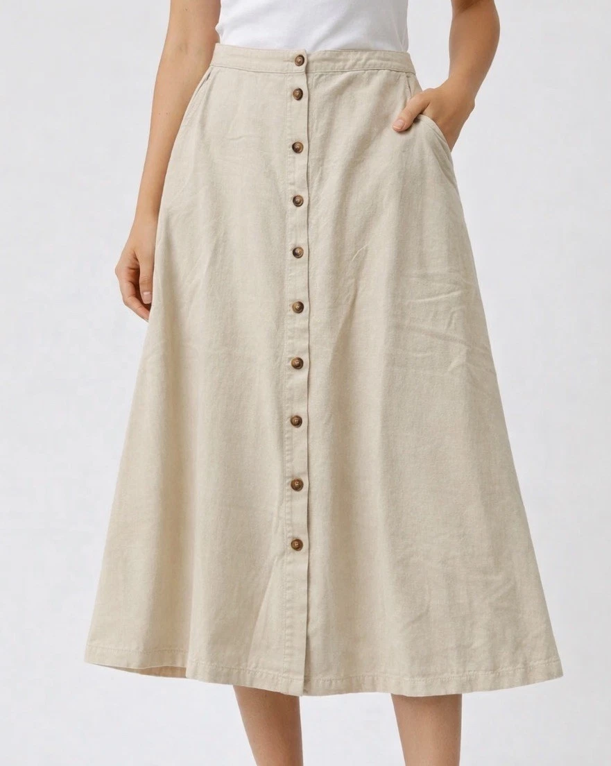 Womens Small Skirt Beige Linen Blend Button Down Feminine Beach Quiet Luxury