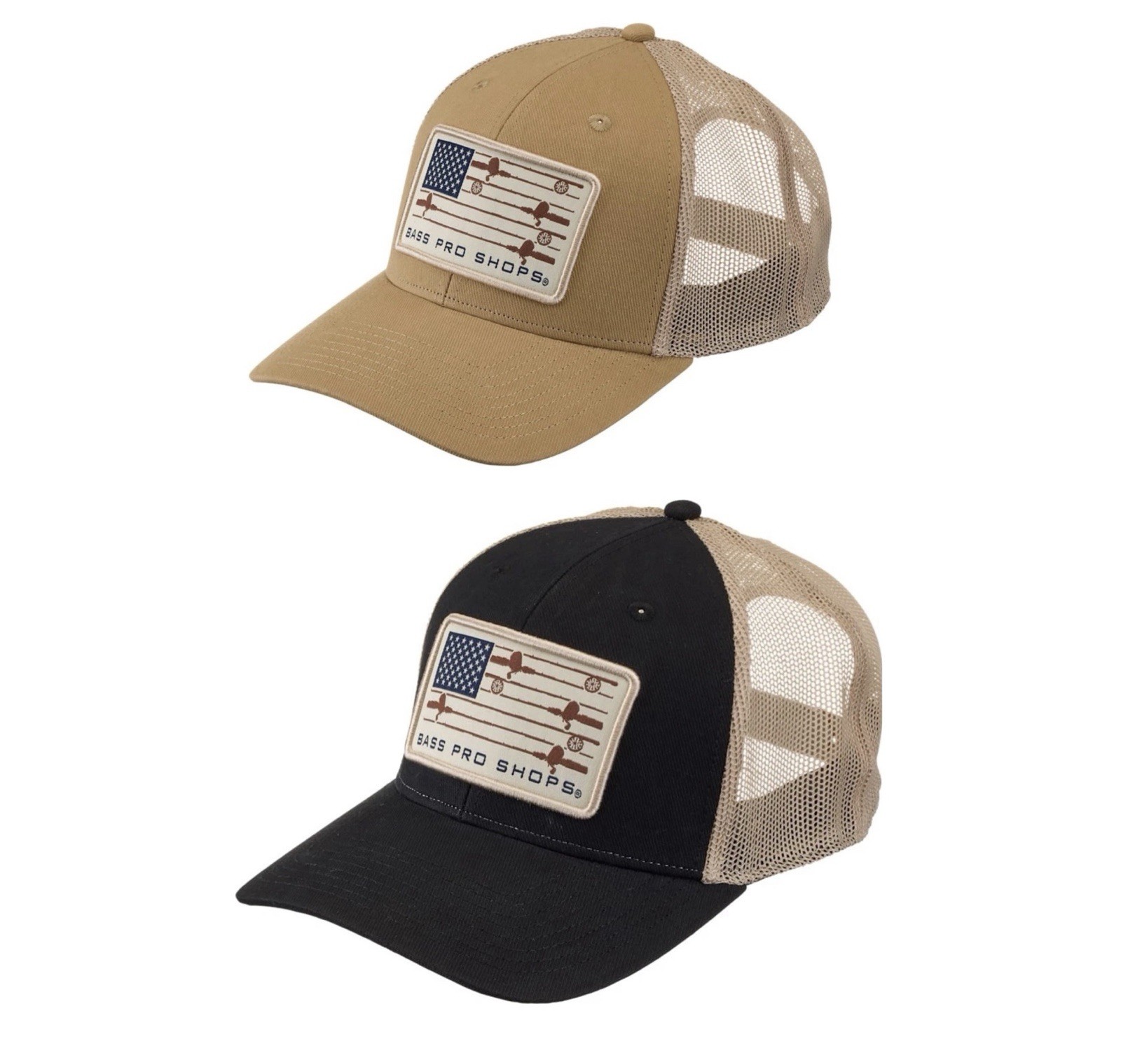 Bass Pro Shops Fishing Rod Flag Mesh-Back Snapback Trucker 2 Hats Bundle New