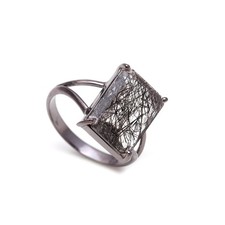 Natural Black Rutile Quartz Octagon Ring Oxidized Sterling Silver Dainty Jewelry