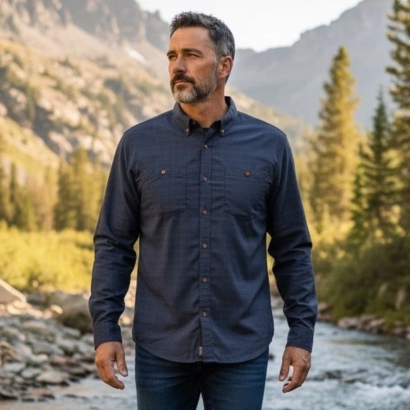 Mountain Hardwear Mens XL Navy Blue Grid Texture Long Sleeve Button Down Shirt