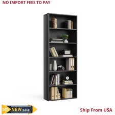 6-Tier Bookcase 63in Adjustable Shelves Anti-Tip Floor Standing Black Wood