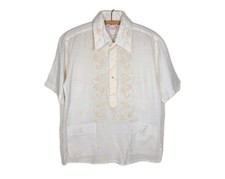 Vtg 60s Shirt Mens Barong Tagalog Victory Embroidered Three Button Cotton M/L