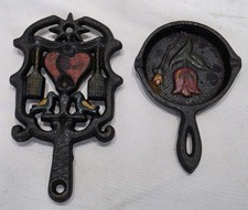 Vintage Miniature Cast Iron Frying Pan and Heart Trivet