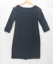 TALBOTS Womens Petite 2P Black Ponte Sheath Dress Lace Overlay Yoke Sleeves 1435