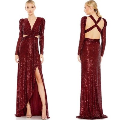 Mac Duggal Sequined Criss Cross Cutout Long Sleeve Gown Women 0 Wine Red 26739