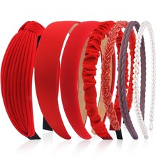Headbands For Women 7 PCS Red Knotted Pearl Head Bands Non Slip Thin Thick