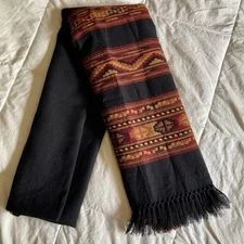 Traditional Pashmina Thread Embroidery Wool Shawl Scarf Wrap 38.5x86” Black Geo