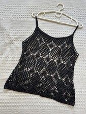 Vintage Black Crochet Cami Top, Mesh Lace Tank Top, Boho Floral Summer Festival