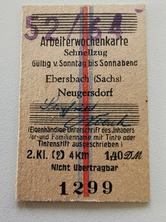 Fahrkarte Schnellzug Arbeiterwochenkarte DR Ebersbach Neugersdorf 1964
