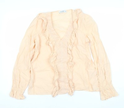 Gallery Damen beige Baumwolle Rüschen Langarm Tunika Bluse UK 10