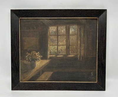 Ölbild Stillleben Raum mit Tisch und Blumen AS 1916 Bilderrahmen 41,2 x 48,2 cm