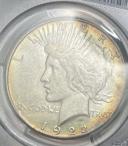 🌈 1922-S Silver Peace Dollar Rainbow Toning 🌈 PCGS AU-58 Toned Perfectly