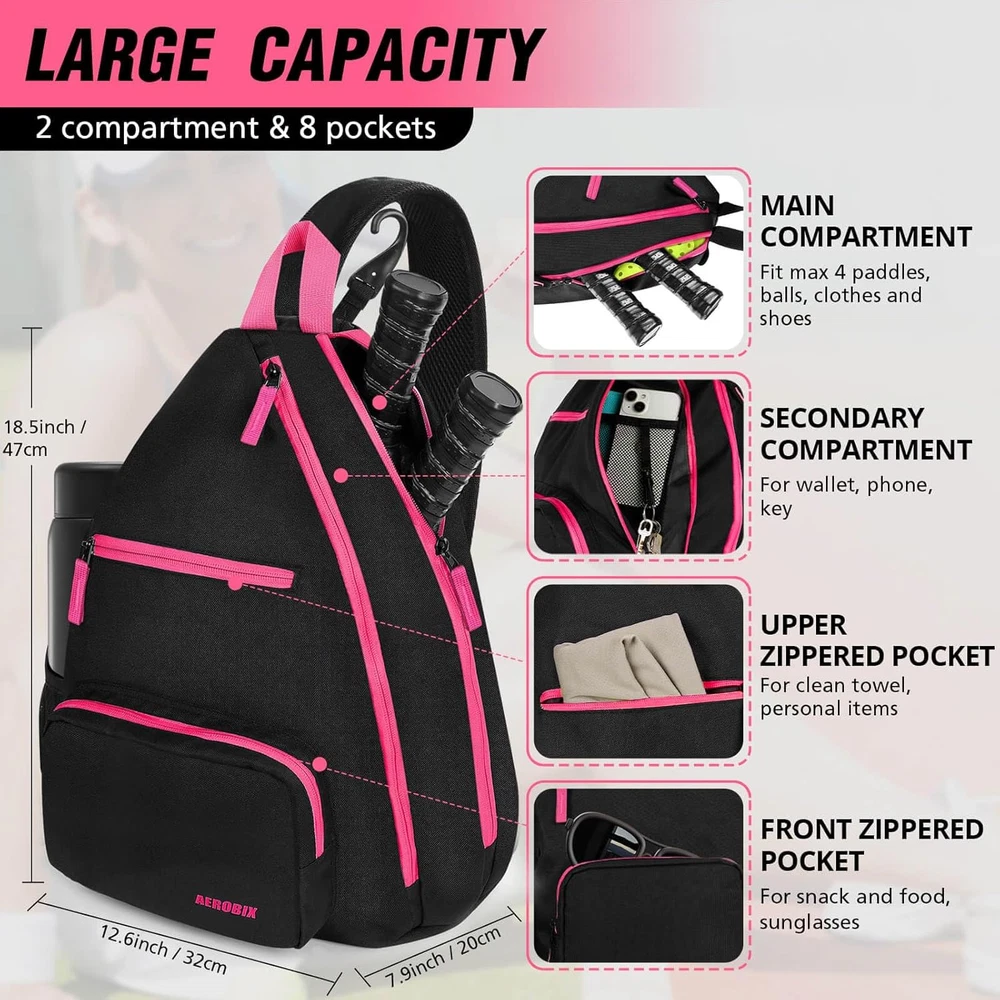 Pickleball Bag Backpack - Adjustable Sling, Large Capacity, Padded Pocket
