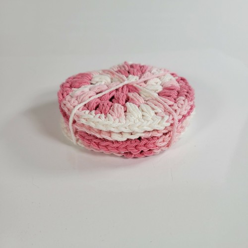 Hand Crochet Coasters Drink Coaster Pink White Set Of 4 - 4.25" Hand Crocheted - Picture 2 of 6
