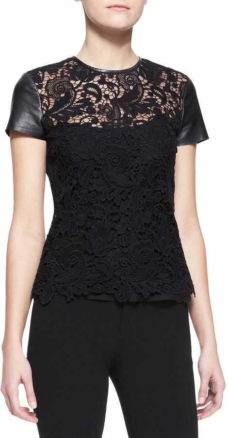 Ralph Lauren Black Label Lana Leather Sleeve Lace Top Shirt Womens