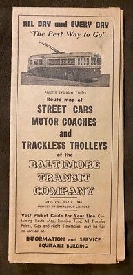 1945 Baltimore Transit Company Straßenbahn & Trolly Karte / Fahrplan - sehr guter Zustand
