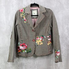 Paparazzi Jacket Blazer Women's Small Brown Plaid Floral Embroidered Raw Edge