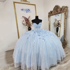 Glitter Sky Blue Quinceanera Dresses Cubic Floral Birthdays Floor Length
