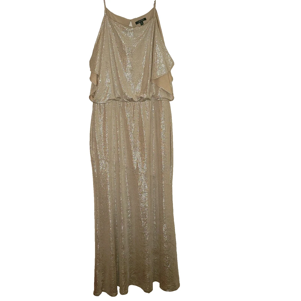 Lauren Ralph Lauren Metallic Silver Gold Maxi Gown Dress 18 Cold Shoulder Formal - Image 2 of 4