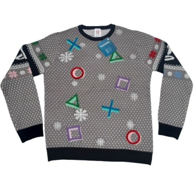 Numskull Playstation Symbols Christmas Gray Black Sweater Sz Small NWT