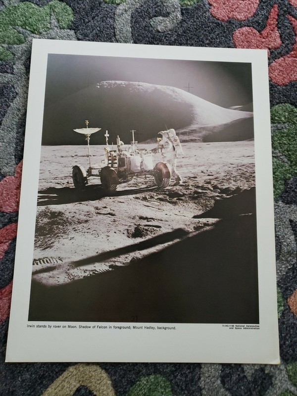 1969 NASA 14 x 11 lithograph photo Irwin Stands By Rover on Moon  HC-1146
