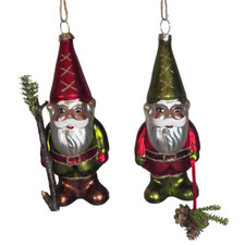 Kurt Adler Gnome Glass Ornament Set 2 Forest Woodland Small Red Green 5.5"