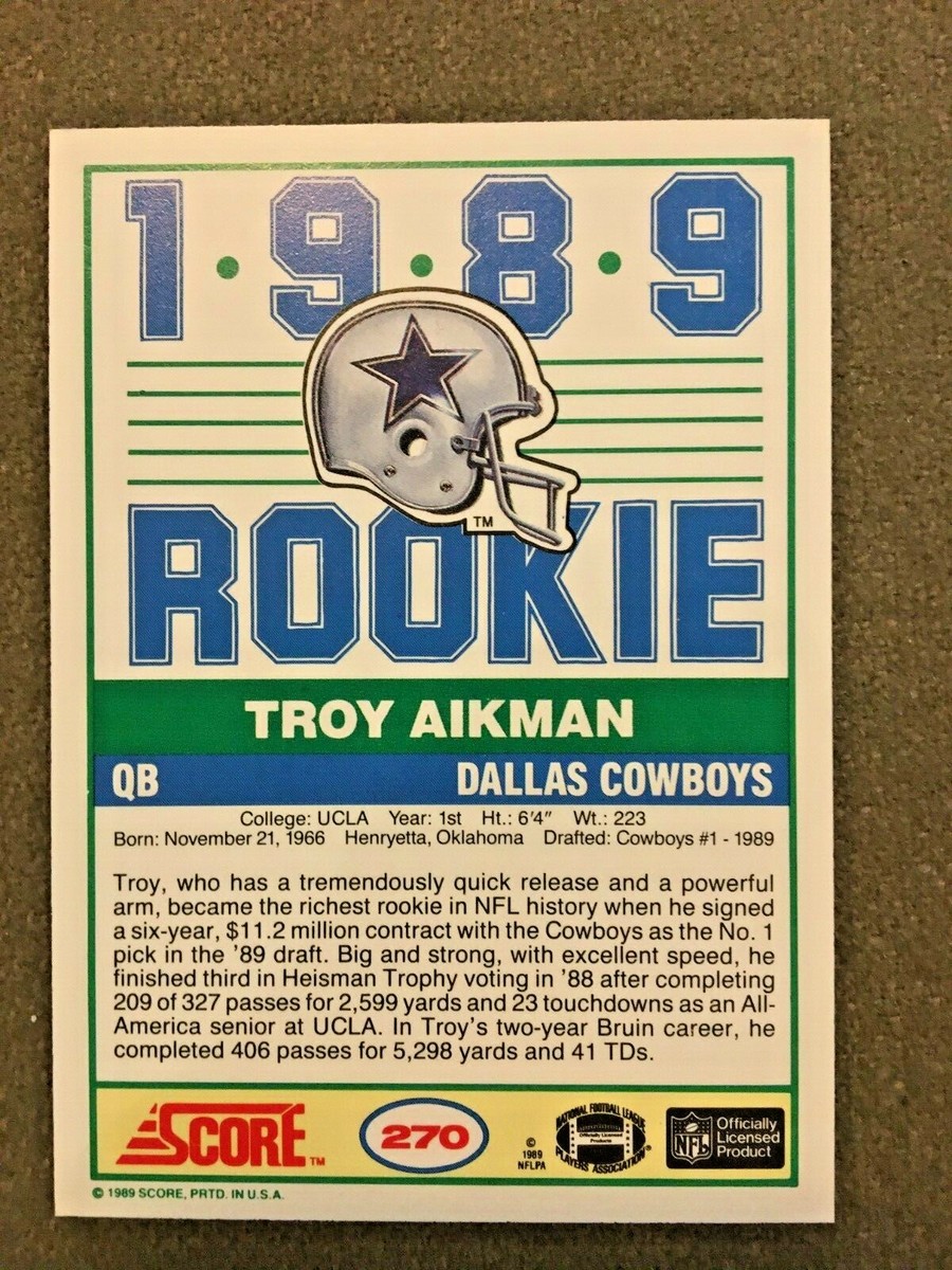 1989 Score Football Card #270 TROY AIKMAN Rookie DALLAS COWBOYS | eBay