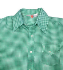 Vtg SKYR Men Green White Gingham Long Sleeve Button Down Nylon Disco Shirt L 786