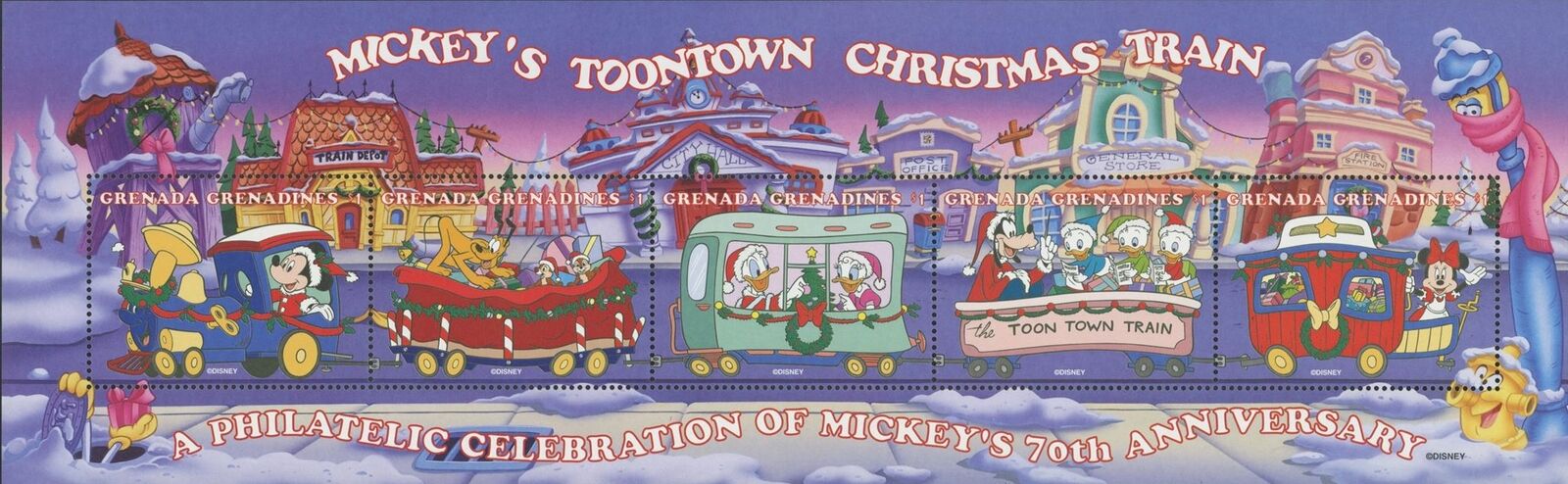 Grenada Mickey's Toontown sold out Christmas Train Long Beach Mall Mickey Donald MNH of 5 Souv
