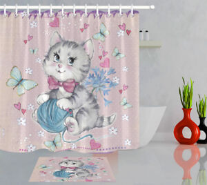 72/" Polyester Fabric Cute Little Cat BUtterfly Shower Curtain Set Bathroom Hooks