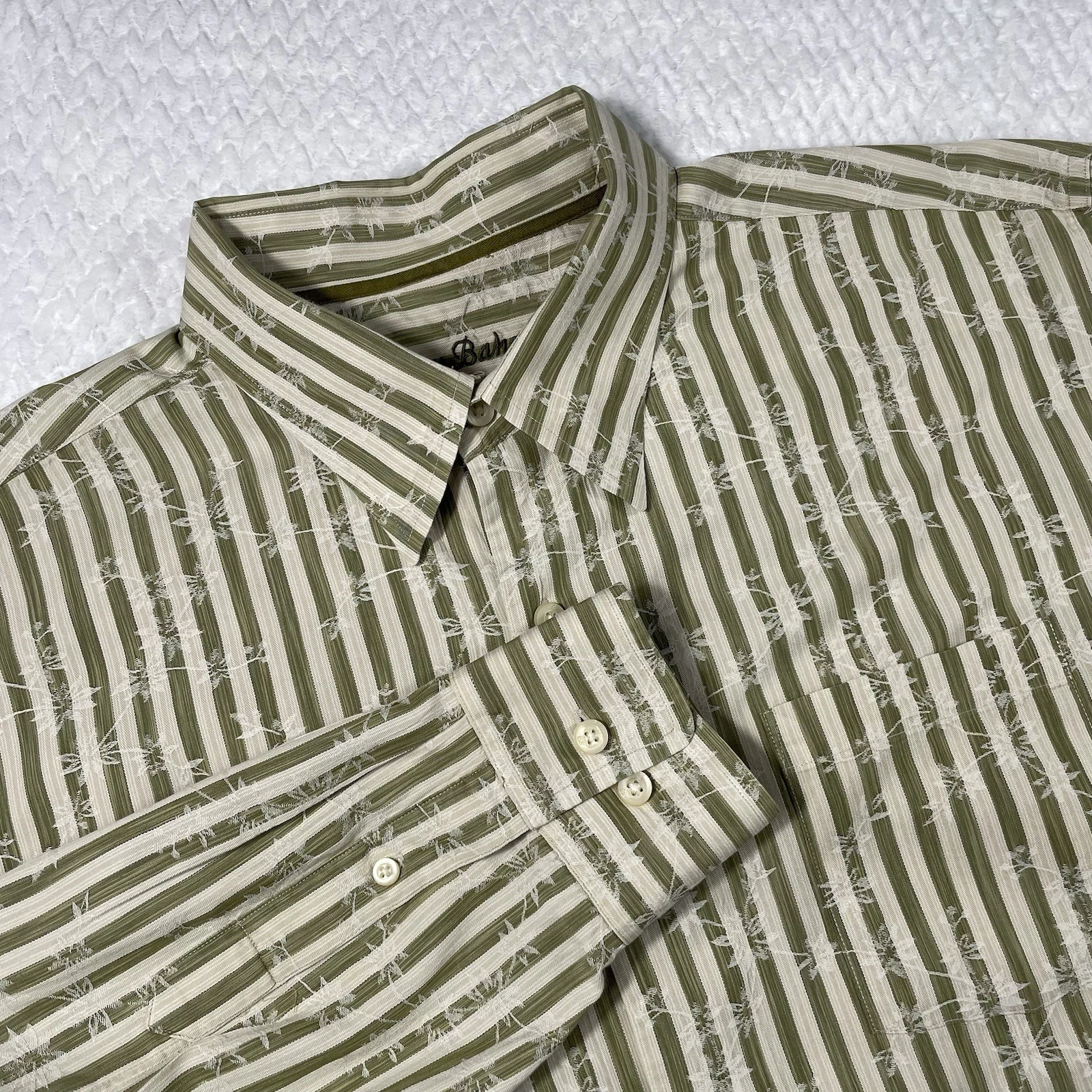 Tommy Bahama Cotton Silk Long Sleeve Shirt Green And Cream Striped Floral Sz XL