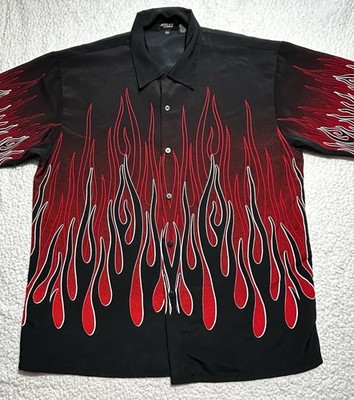 Amplify Flame Shirt Mens XXL Red Fire All Over Print Y2K Mall Goth Button Up