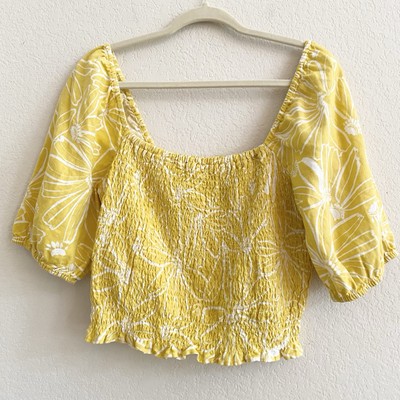 Universal Thread Smocked Puff Linen Blend Sleeve Blouse Women L Yellow Floral