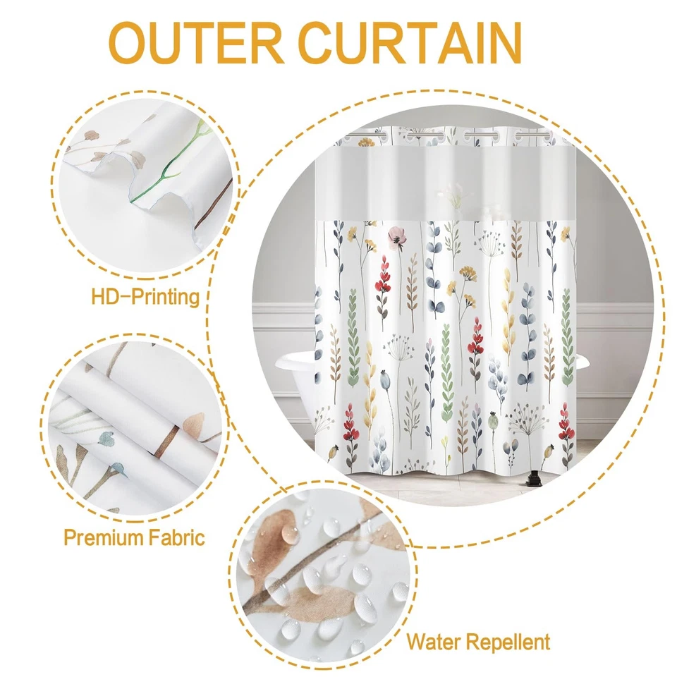 Cortina de ducha sin gancho con forro a presión, cortinas de ducha florales para baño... Foto 4 de 4