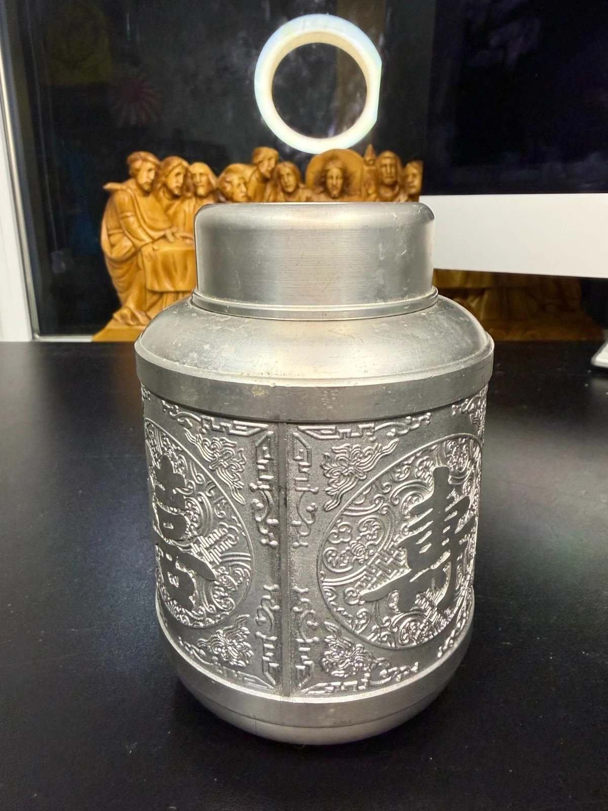 Stainless Steel Tea Canister Tea Caddy Embossed Design Airtight Inner Outer Lids