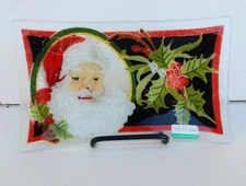 Santa Claus Peggy Karr Fused Glass Rectangular  Christmas Tray Plate Dish 9" W