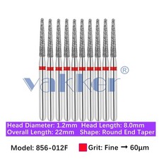 Vakker 10pc Dental 856-012F Diamond Burs Fine Grit Friction Grip Round End Taper