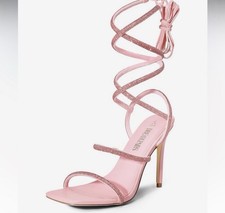 Jewel Badgley Mischka Pink Rhinestone Strappy Ankle Wrap Tie Sandals