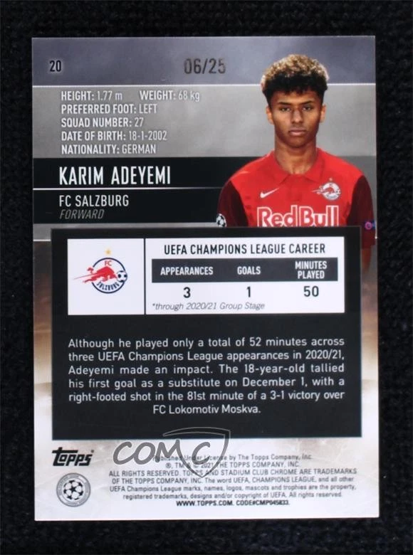 2020 Topps Stadium Club Chrome UCL Orange Refractor /25 Karim Adeyemi Rookie RC - Image 2 of 2