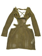 NWT PLT Label Olive Green Textured Sheer Cut Out Detail Bodycon Dress Women's 2