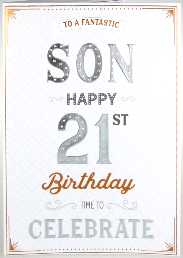 Birthday Card SON 21st 21. **Nine Inch Foiled Card. Paper Pages Inside**