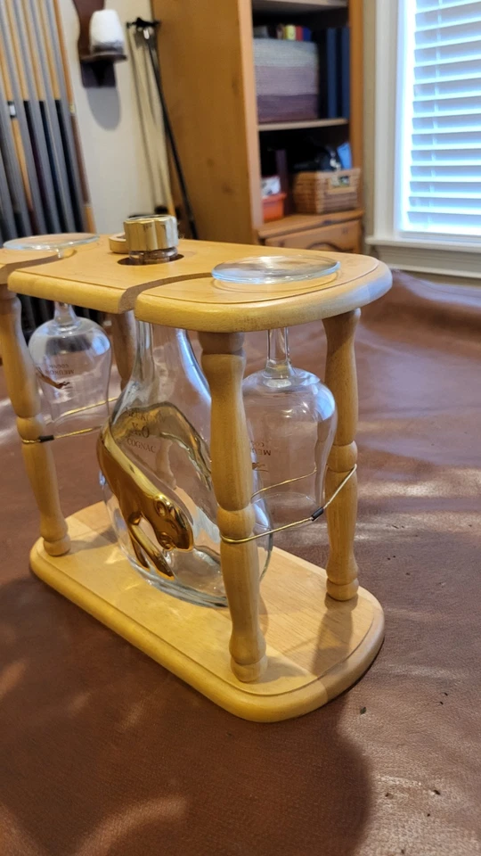 MEUKOW France Cognac Empty Bottle Gold Panther 750ml Wood Stand 2 glasses CLEAN - Image 2 of 4