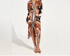 Women’s Multicolor Abstract V-Neck Wrap Midi Dress Kimono Sleeve Tie S