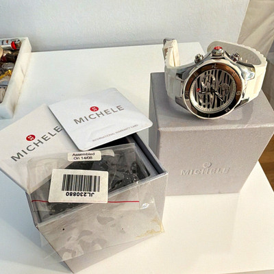 MICHELE Jelly Bean Quartz Analog Chronograph Zebra Dial 38mm White Strap