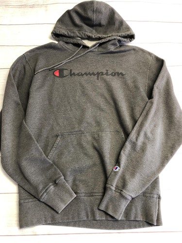 Champion Hoodie Mens Medium Gray Script Logo Fleece Pullover Sweatshirt Pocket