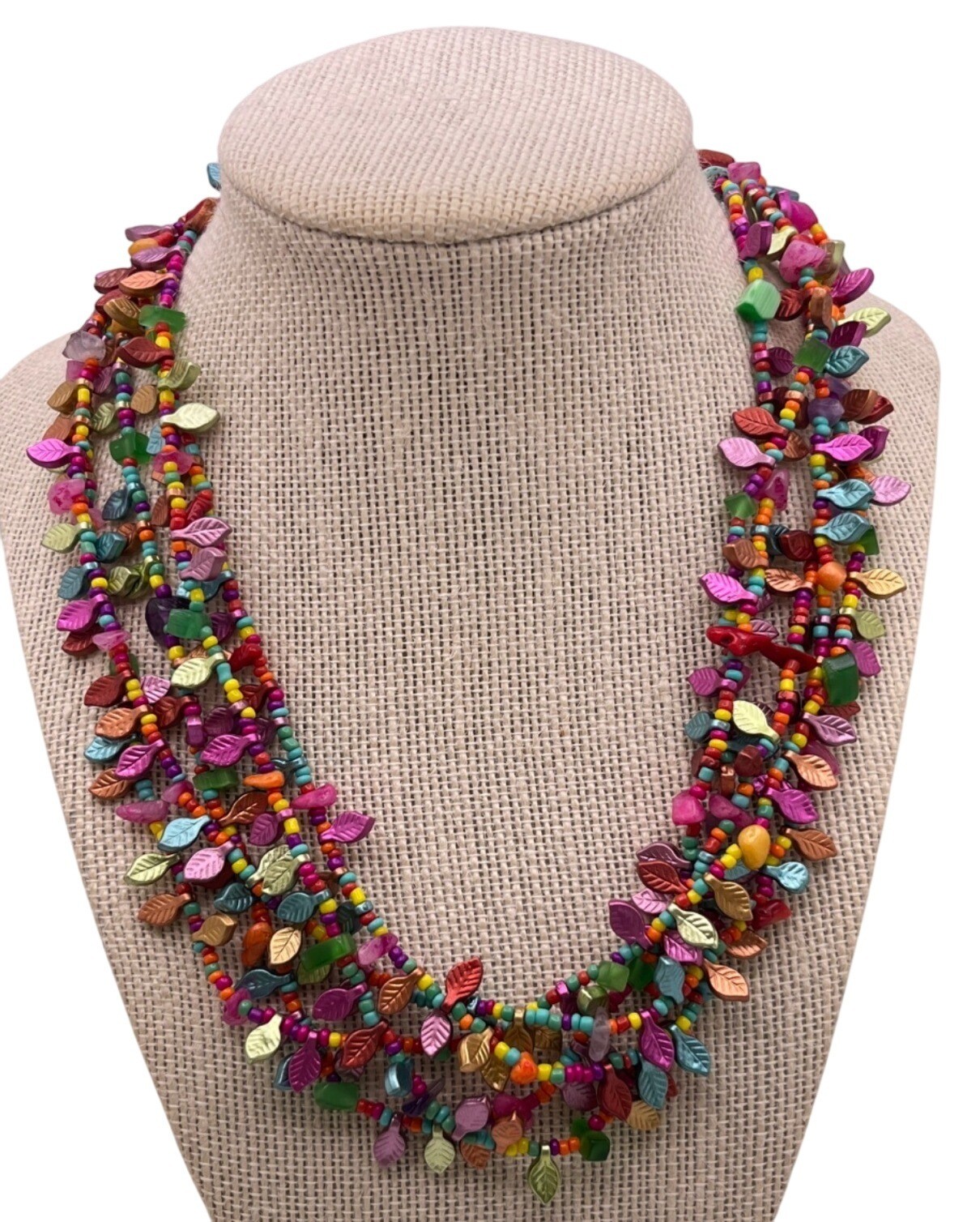 Boho Multi Strand Leaf Beaded Statement Necklace … - image 5